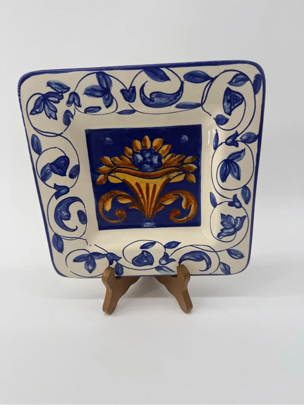 Handcrafted Blue and Gold Floral Ceramic Serving Plate